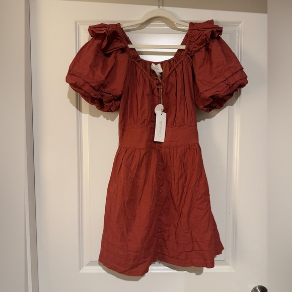 NEW Cleobella Tana Mini Dress Bubble Sleeve Brick Red Cotton Linen XS NWT - Picture 4 of 8